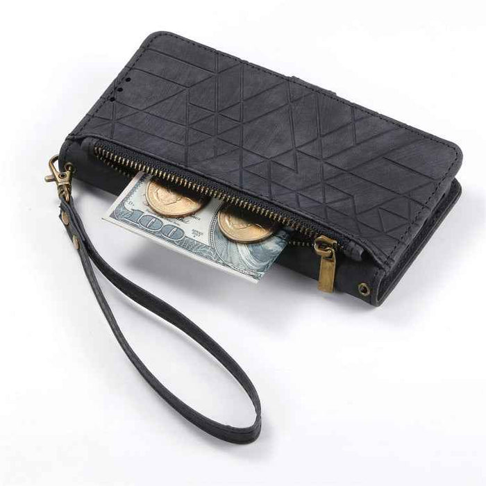 For Samsung Galaxy S22 5G Geometric Zipper Wallet Side Buckle Leather Phone Case(Black)