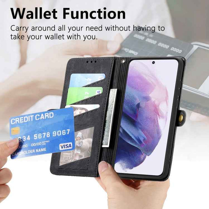 For Samsung Galaxy S22 5G Geometric Zipper Wallet Side Buckle Leather Phone Case(Black)