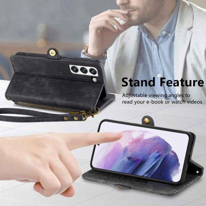 For Samsung Galaxy S22 5G Geometric Zipper Wallet Side Buckle Leather Phone Case(Black)