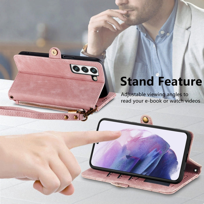 Geometric Zipper Wallet Side Buckle Leather Phone Case