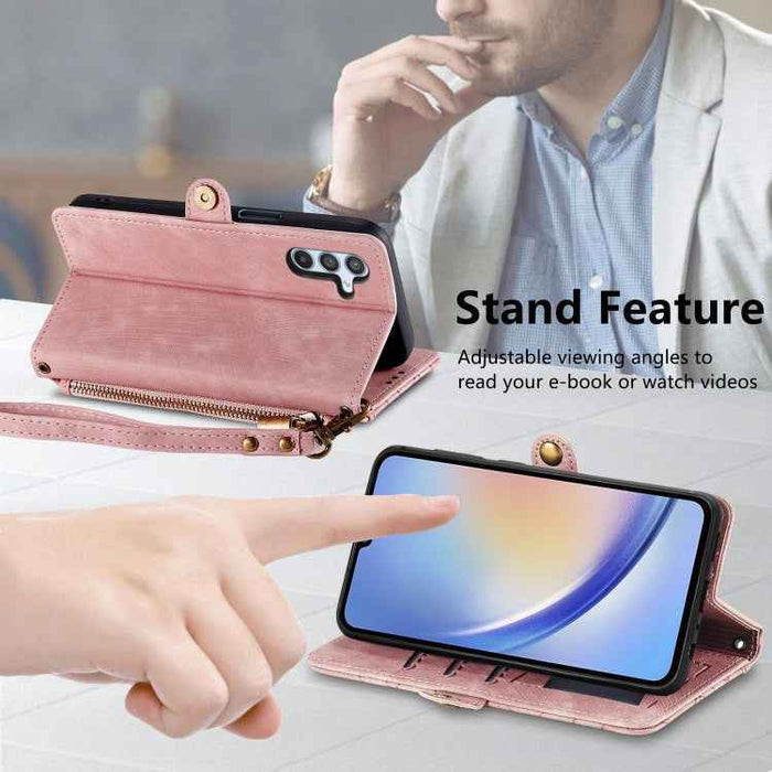 Geometric Zipper Wallet Side Buckle Leather Phone Case, For Samsung Galaxy A30