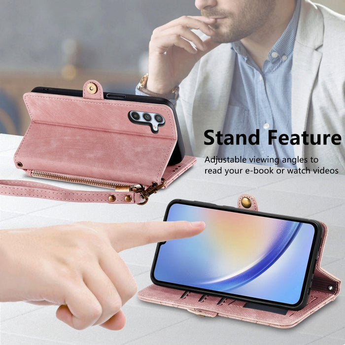 Geometric Zipper Wallet Side Buckle Leather Phone Case