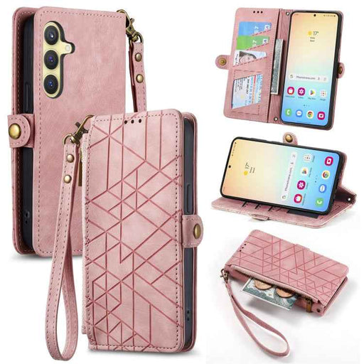 For Samsung Galaxy S24 5G Geometric Zipper Wallet Side Buckle Leather Phone Case(Pink)