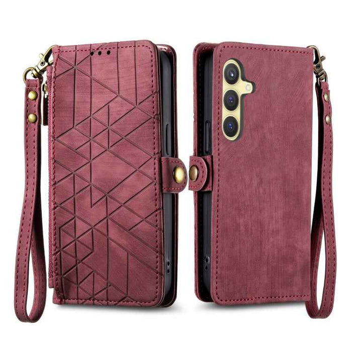 For Samsung Galaxy S24 5G Geometric Zipper Wallet Side Buckle Leather Phone Case(Red)
