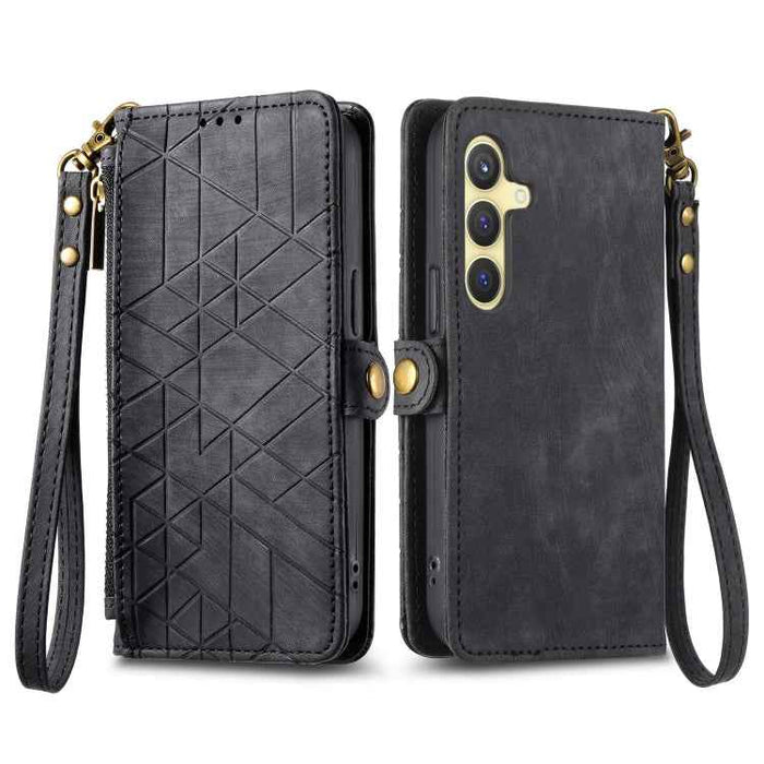 For Samsung Galaxy S24 5G Geometric Zipper Wallet Side Buckle Leather Phone Case(Black)