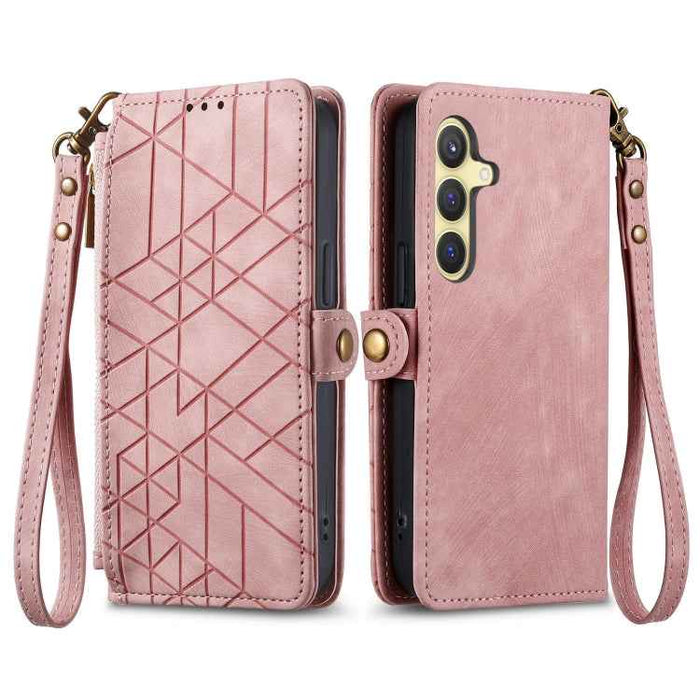 For Samsung Galaxy S24+ 5G Geometric Zipper Wallet Side Buckle Leather Phone Case(Pink)