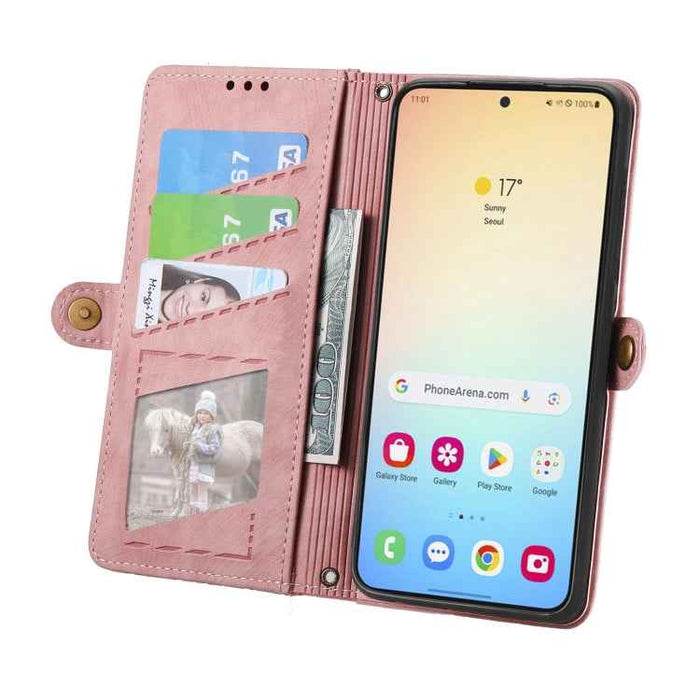 For Samsung Galaxy S24+ 5G Geometric Zipper Wallet Side Buckle Leather Phone Case(Pink)