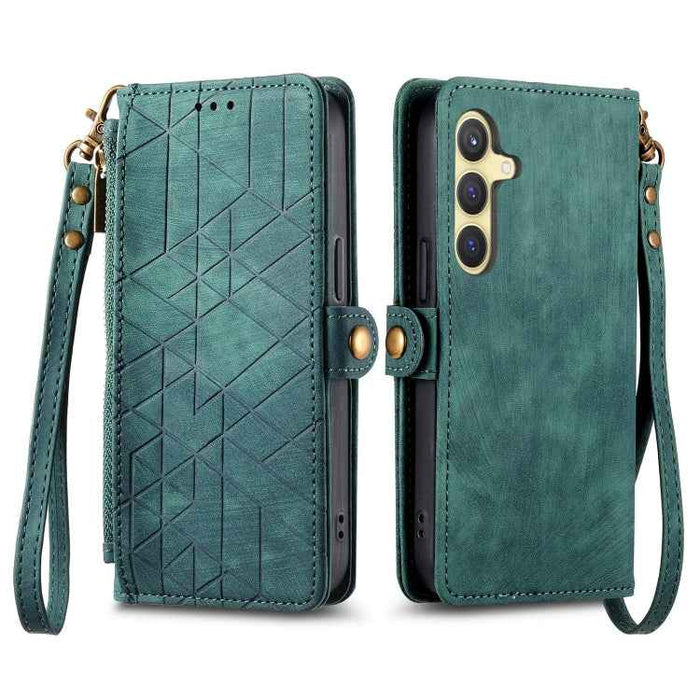 For Samsung Galaxy S24+ 5G Geometric Zipper Wallet Side Buckle Leather Phone Case(Green)