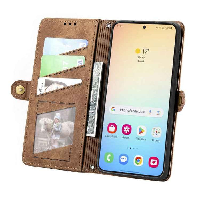 For Samsung Galaxy S24+ 5G Geometric Zipper Wallet Side Buckle Leather Phone Case(Brown)