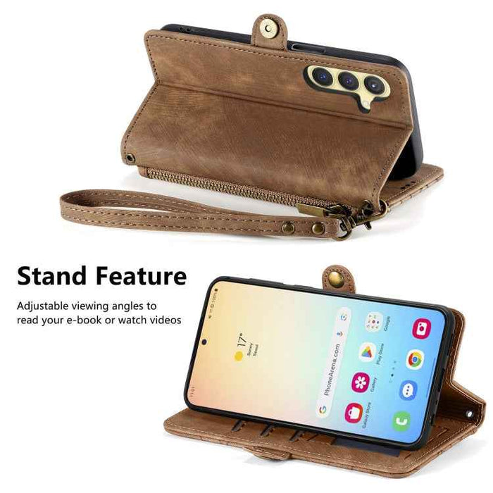 For Samsung Galaxy S24+ 5G Geometric Zipper Wallet Side Buckle Leather Phone Case(Brown)