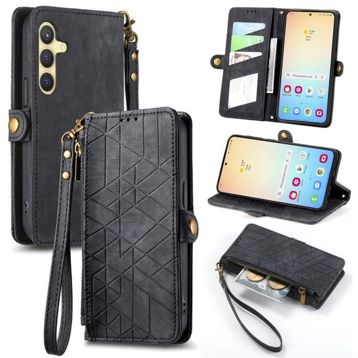 Geometric Zipper Wallet Side Buckle Leather Phone Case, For Samsung Galaxy S25 Ultra 5G, For Samsung Galaxy C55, For Samsung Galaxy M55, For Samsung Galaxy A55 5G, For Samsung Galaxy S24 Ultra 5G, For Samsung Galaxy S24+ 5G, For Samsung Galaxy S24 5G  ...