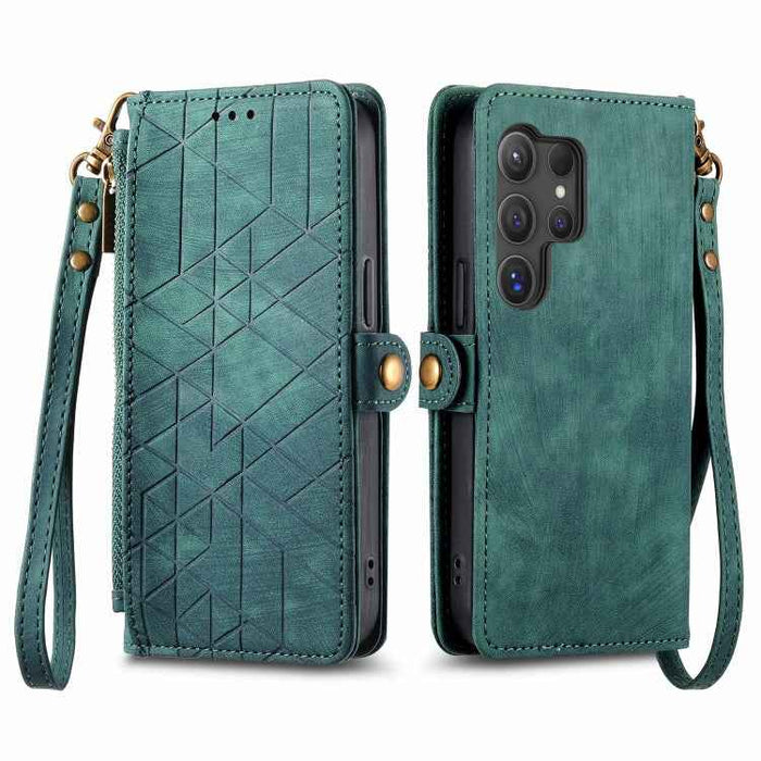 For Samsung Galaxy S24 Ultra 5G Geometric Zipper Wallet Side Buckle Leather Phone Case(Green)