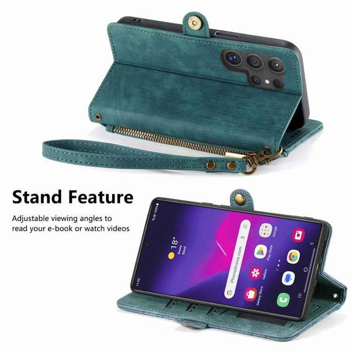 For Samsung Galaxy S24 Ultra 5G Geometric Zipper Wallet Side Buckle Leather Phone Case(Green)