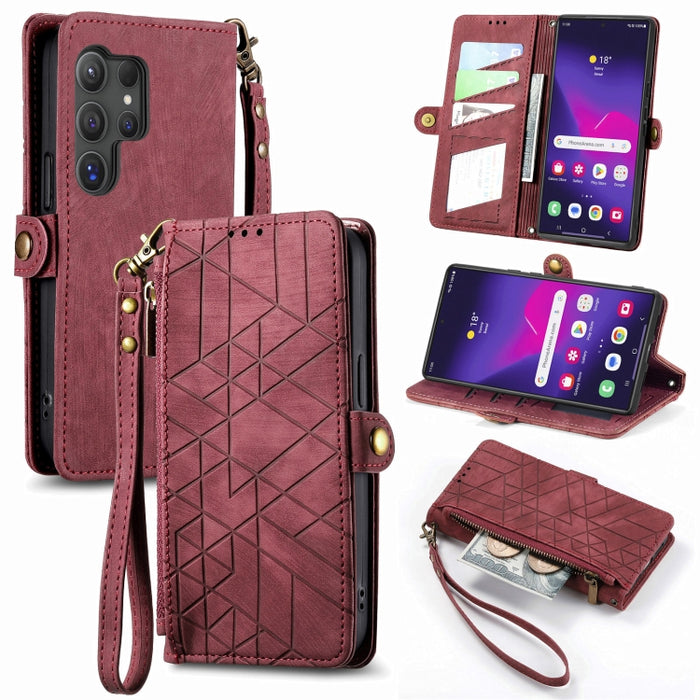 Geometric Zipper Wallet Side Buckle Leather Phone Case, For Samsung Galaxy S25 Ultra 5G, For Samsung Galaxy C55, For Samsung Galaxy M55, For Samsung Galaxy A55 5G, For Samsung Galaxy S24 Ultra 5G, For Samsung Galaxy S24+ 5G, For Samsung Galaxy S24 5G  ...