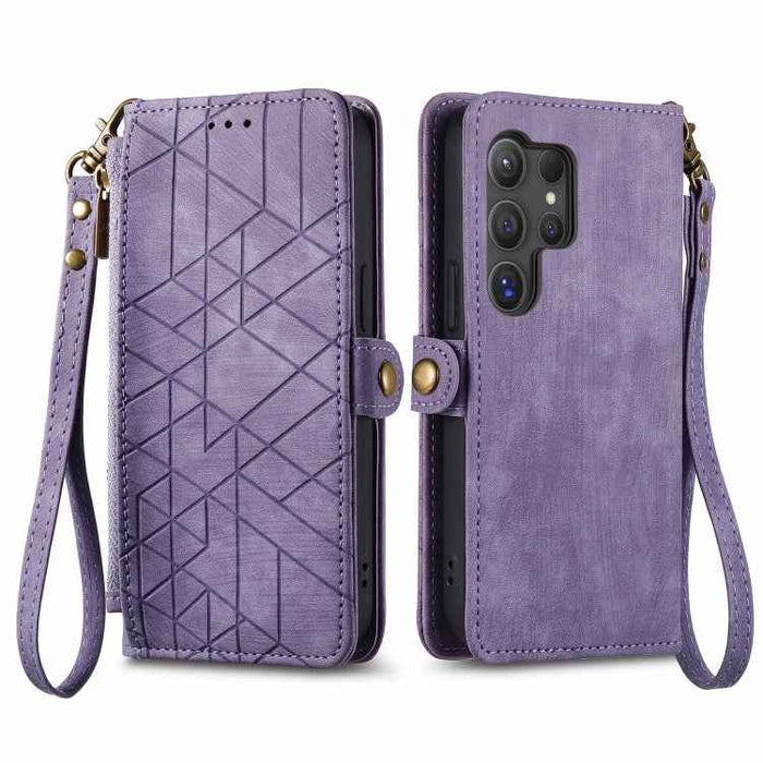 For Samsung Galaxy S24 Ultra 5G Geometric Zipper Wallet Side Buckle Leather Phone Case(Purple)