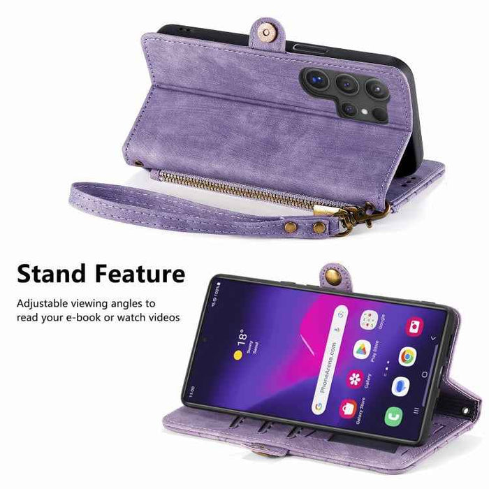 For Samsung Galaxy S24 Ultra 5G Geometric Zipper Wallet Side Buckle Leather Phone Case(Purple)