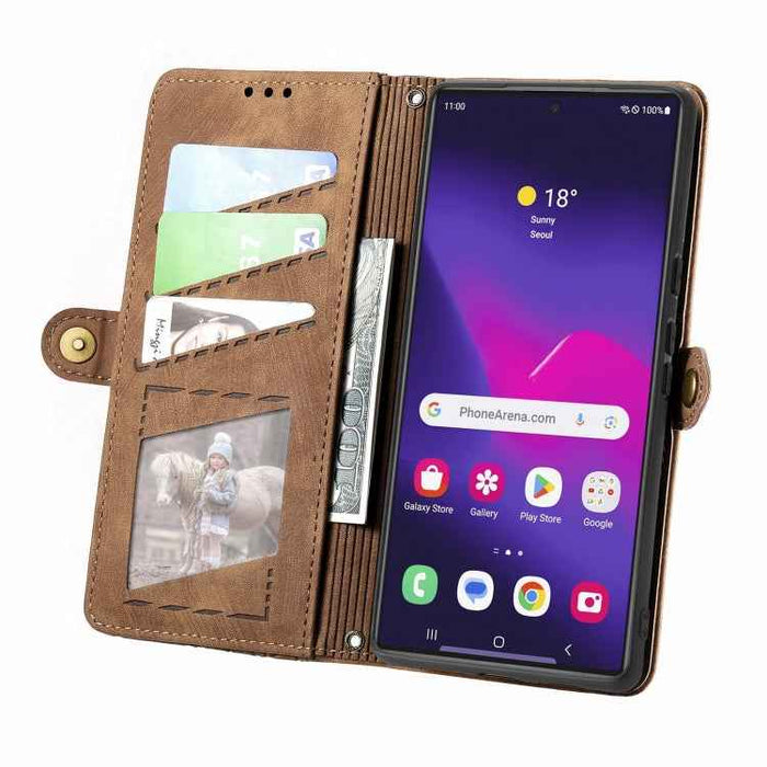 For Samsung Galaxy S24 Ultra 5G Geometric Zipper Wallet Side Buckle Leather Phone Case(Brown)