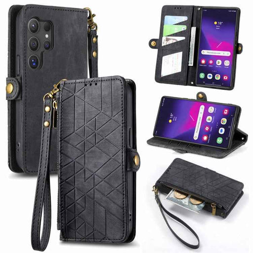 For Samsung Galaxy S24 Ultra 5G Geometric Zipper Wallet Side Buckle Leather Phone Case(Black)
