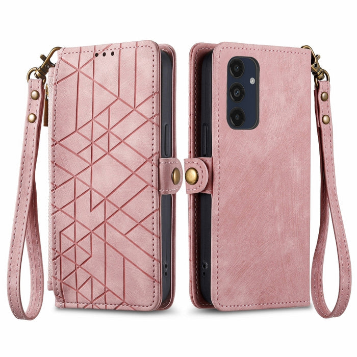 Geometric Zipper Wallet Side Buckle Leather Phone Case, For Samsung Galaxy S25 Ultra 5G, For Samsung Galaxy C55, For Samsung Galaxy M55, For Samsung Galaxy A55 5G, For Samsung Galaxy S24 Ultra 5G, For Samsung Galaxy S24+ 5G, For Samsung Galaxy S24 5G  ...
