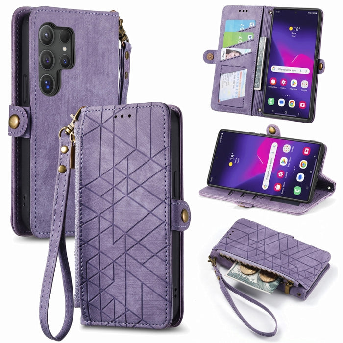 Geometric Zipper Wallet Side Buckle Leather Phone Case, For Samsung Galaxy S25 Ultra 5G, For Samsung Galaxy C55, For Samsung Galaxy M55, For Samsung Galaxy A55 5G, For Samsung Galaxy S24 Ultra 5G, For Samsung Galaxy S24+ 5G, For Samsung Galaxy S24 5G  ...
