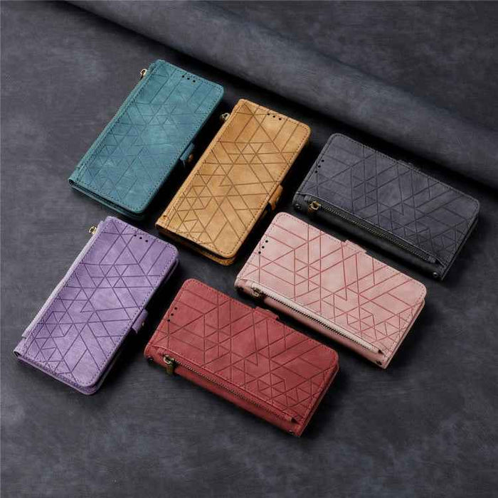 Geometric Zipper Wallet Side Buckle Leather Phone Case, For Samsung Galaxy A30