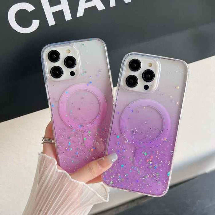 For iPhone 16e Glitter MagSafe Hybrid Clear TPU Phone Case(Purple)