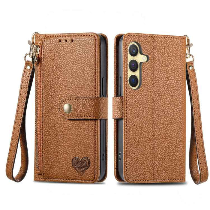 For Samsung Galaxy S24 5G Love Zipper Lanyard Leather Phone Case(Brown)
