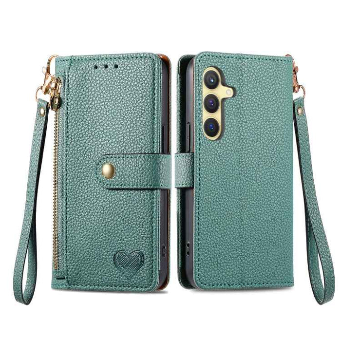 For Samsung Galaxy S24 5G Love Zipper Lanyard Leather Phone Case(Green)