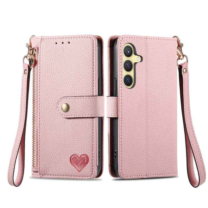 For Samsung Galaxy S24 5G Love Zipper Lanyard Leather Phone Case(Pink)