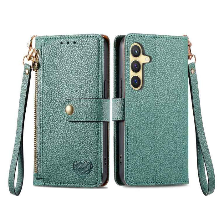 For Samsung Galaxy S24+ 5G Love Zipper Lanyard Leather Phone Case(Green)