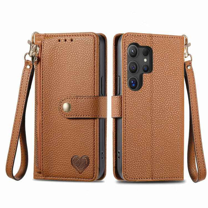 For Samsung Galaxy S24 Ultra 5G Love Zipper Lanyard Leather Phone Case(Brown)