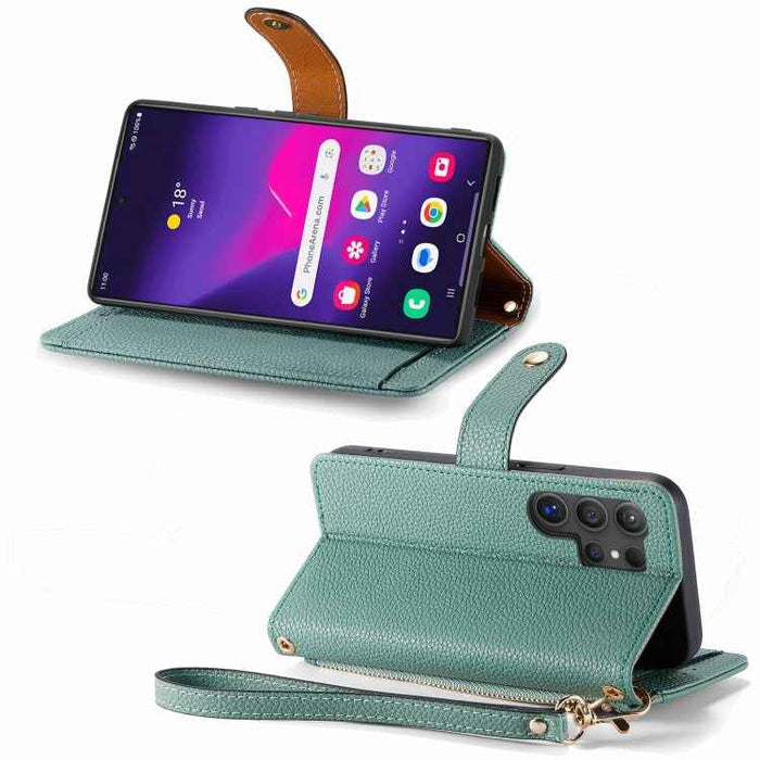 For Samsung Galaxy S24 Ultra 5G Love Zipper Lanyard Leather Phone Case(Green)