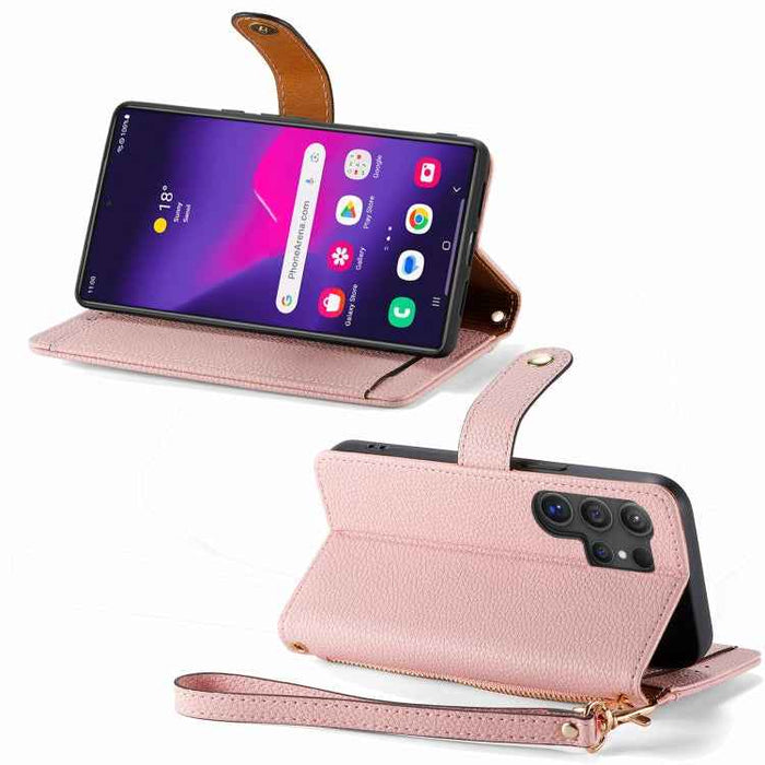 For Samsung Galaxy S24 Ultra 5G Love Zipper Lanyard Leather Phone Case(Pink)