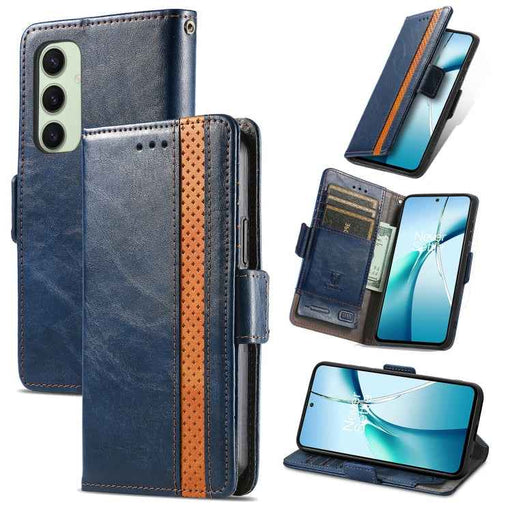 For Samsung Galaxy S24 FE 5G CaseNeo Splicing Dual Magnetic Buckle Leather Phone Case(Blue)