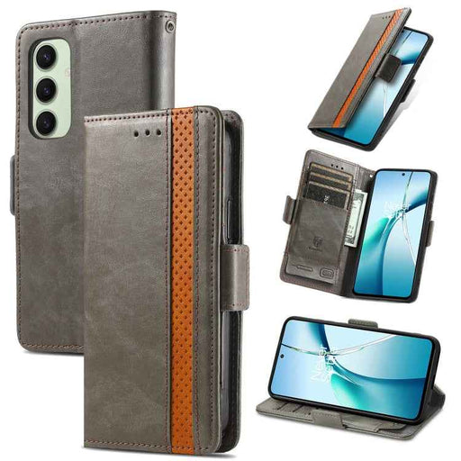For Samsung Galaxy S24 FE 5G CaseNeo Splicing Dual Magnetic Buckle Leather Phone Case(Gray)