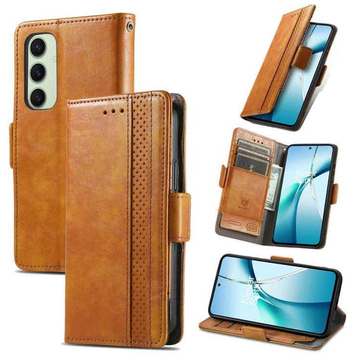 For Samsung Galaxy S24 FE 5G CaseNeo Splicing Dual Magnetic Buckle Leather Phone Case(Khaki)