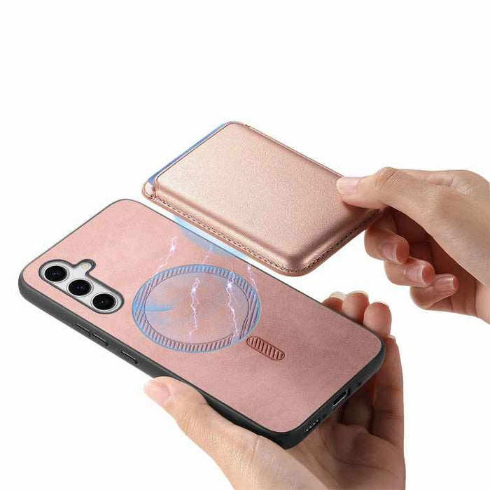 For Samsung Galaxy S24+ 5G Retro Magsafe Card Bag PU Back Cover Phone Case(Pink)