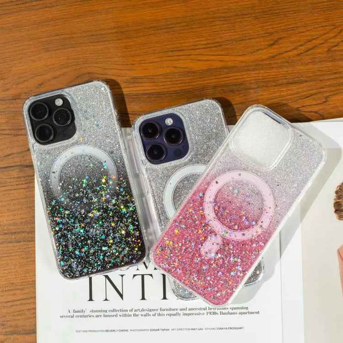 For iPhone 16e Gradient Glitter Starry MagSafe Phone Case(Gradient Silver)