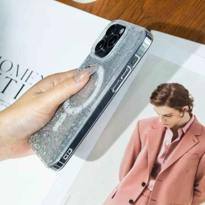 For iPhone 16e Gradient Glitter Starry MagSafe Phone Case(Gradient Silver)
