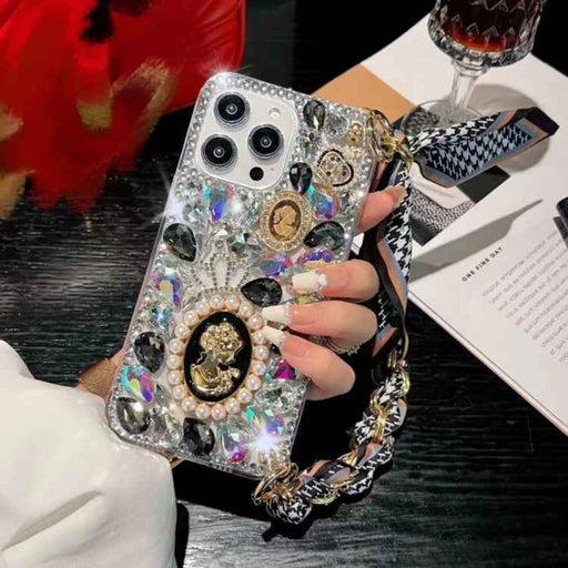For iPhone 16 Pro Max Handmade Diamond Purple Gemstone Scarf Bracelet PC Phone Case(Black)
