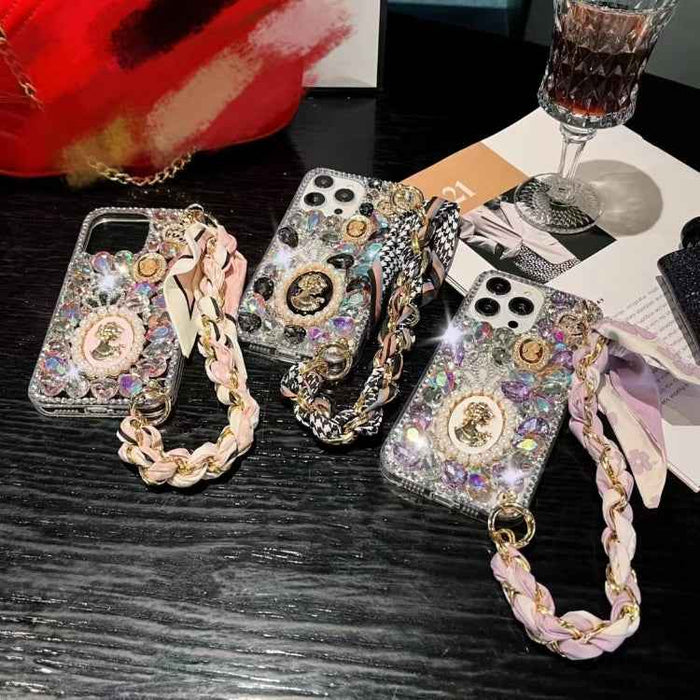 For iPhone 16 Pro Max Handmade Diamond Purple Gemstone Scarf Bracelet PC Phone Case(White)