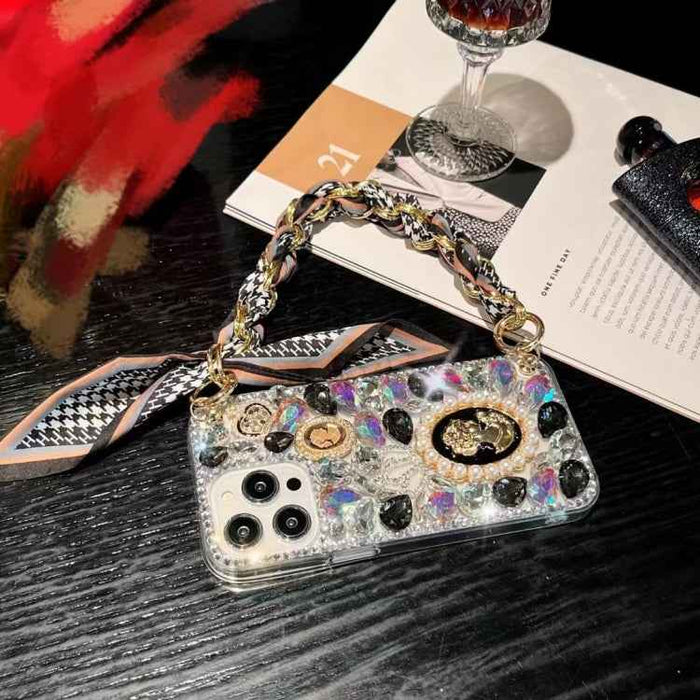 For iPhone 16 Pro Max Handmade Diamond Purple Gemstone Scarf Bracelet PC Phone Case(Black)