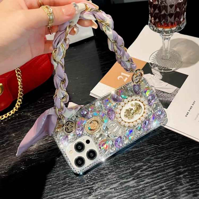 For iPhone 16 Pro Max Handmade Diamond Purple Gemstone Scarf Bracelet PC Phone Case(Black)