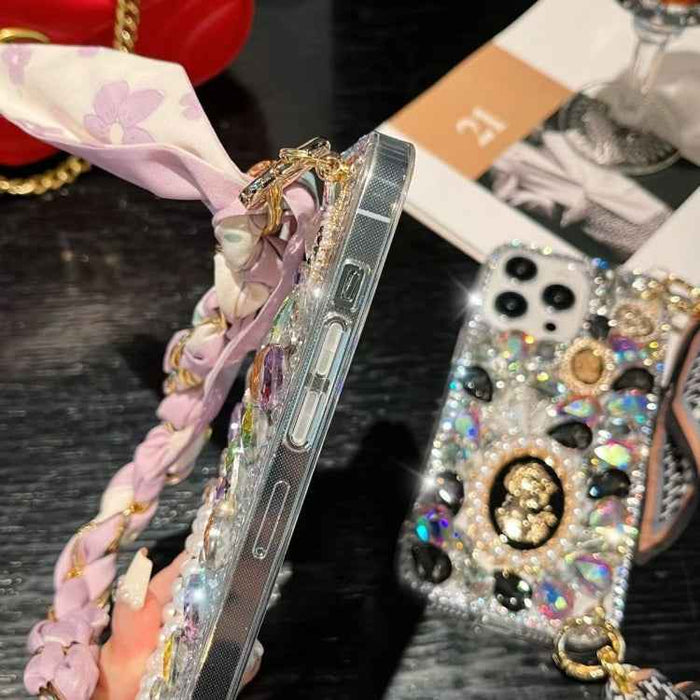 For iPhone 16 Pro Max Handmade Diamond Purple Gemstone Scarf Bracelet PC Phone Case(Black)