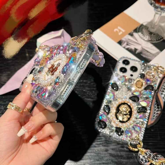 For iPhone 16 Pro Max Handmade Diamond Purple Gemstone Scarf Bracelet PC Phone Case(Black)