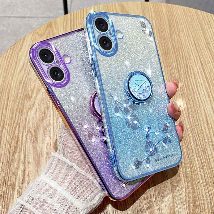 For iPhone 16 Plus Gradient Glitter Immortal Flower Ring All-inclusive Phone Case(Blue)