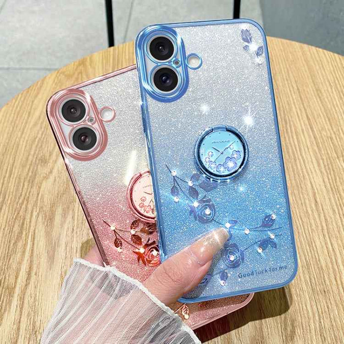 For iPhone 16 Plus Gradient Glitter Immortal Flower Ring All-inclusive Phone Case(Blue)