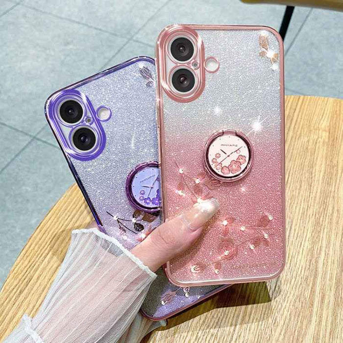 For iPhone 16 Plus Gradient Glitter Immortal Flower Ring All-inclusive Phone Case(Blue)
