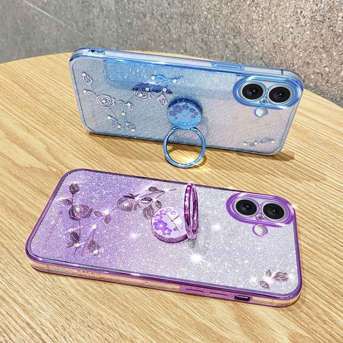 For iPhone 16 Plus Gradient Glitter Immortal Flower Ring All-inclusive Phone Case(Blue)