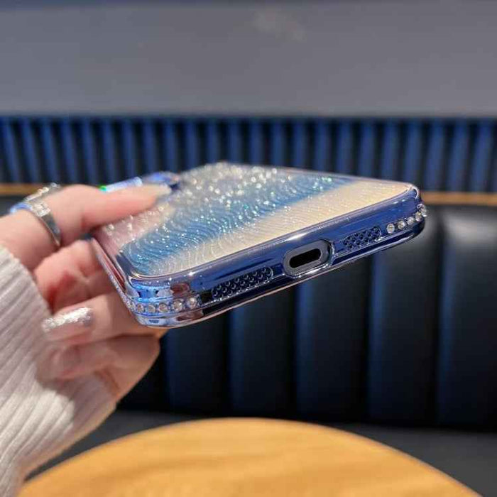 For iPhone 16 Diamond Water Ripple Gradient Glitter TPU Phone Case(Blue)